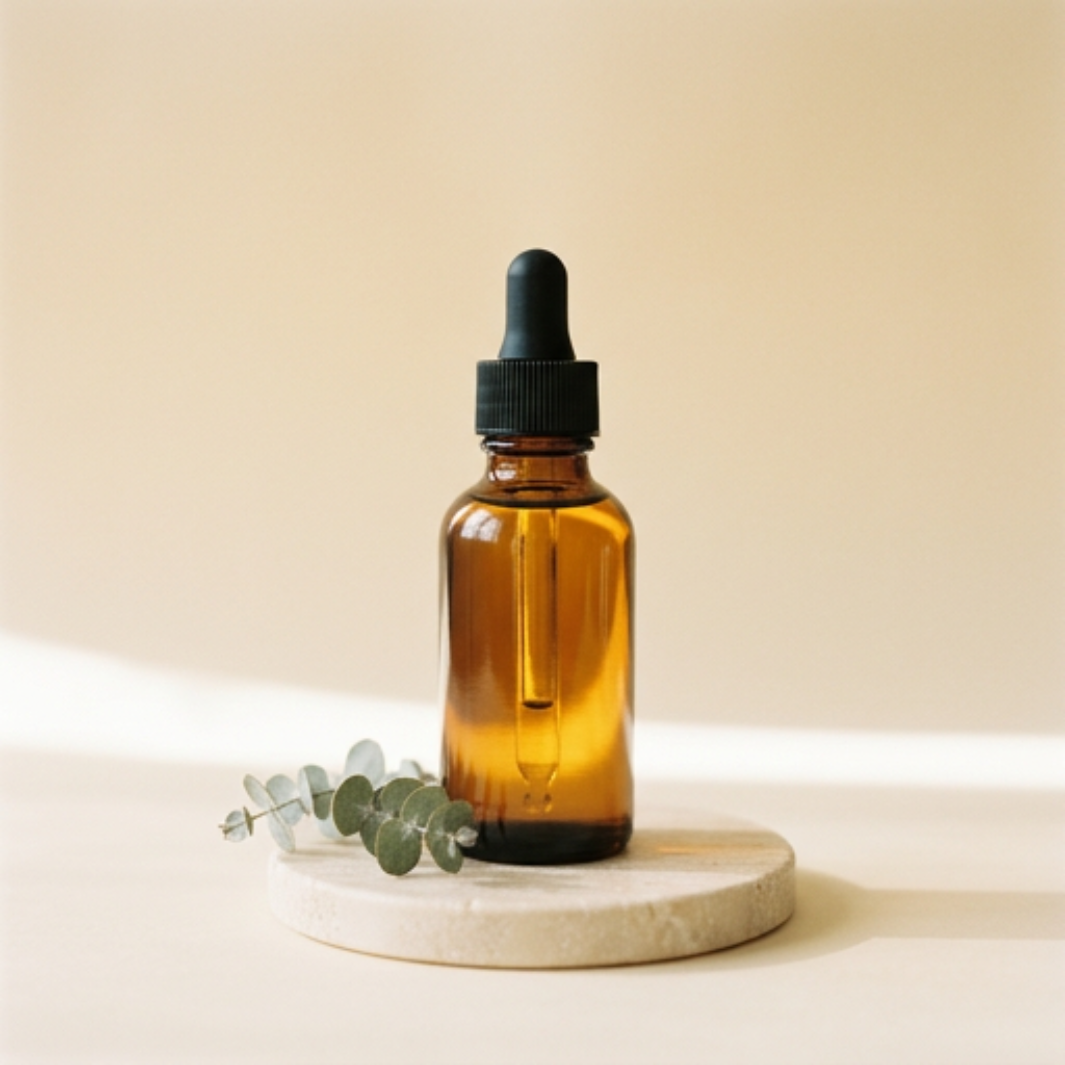 Amber glass bottle of cuticle oil on a stone pedestal with eucalyptus
