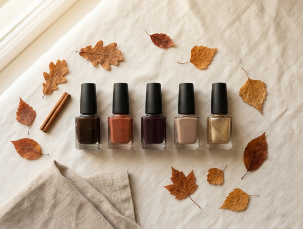 Five autumn nail polish bottles surrounded by dried leaves