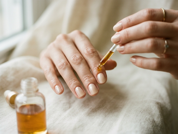 Applying cuticle oil with a dropper to a fresh manicure
