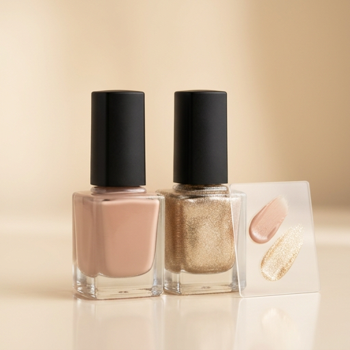 Two nail polish bottles in nude and champagne gold with color swatches