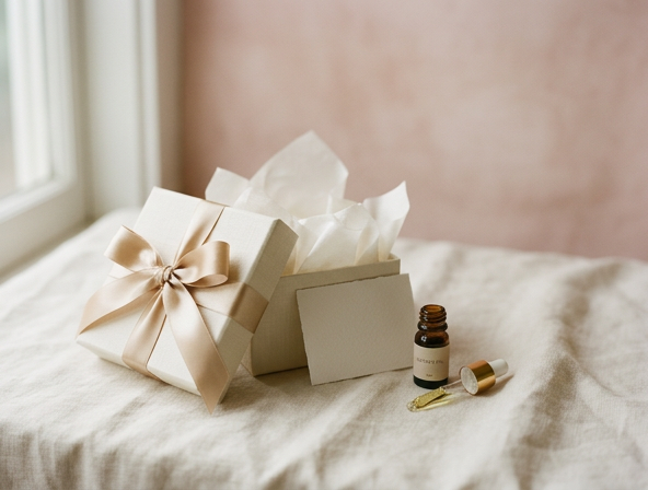 Cream gift box with champagne ribbon, cuticle oil bottle and blank card