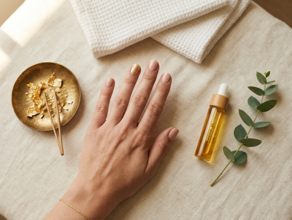 Hand with a soft nude manicure and gold leaf accent nail beside a brass dish of gold leaf, cuticle oil and eucalyptus