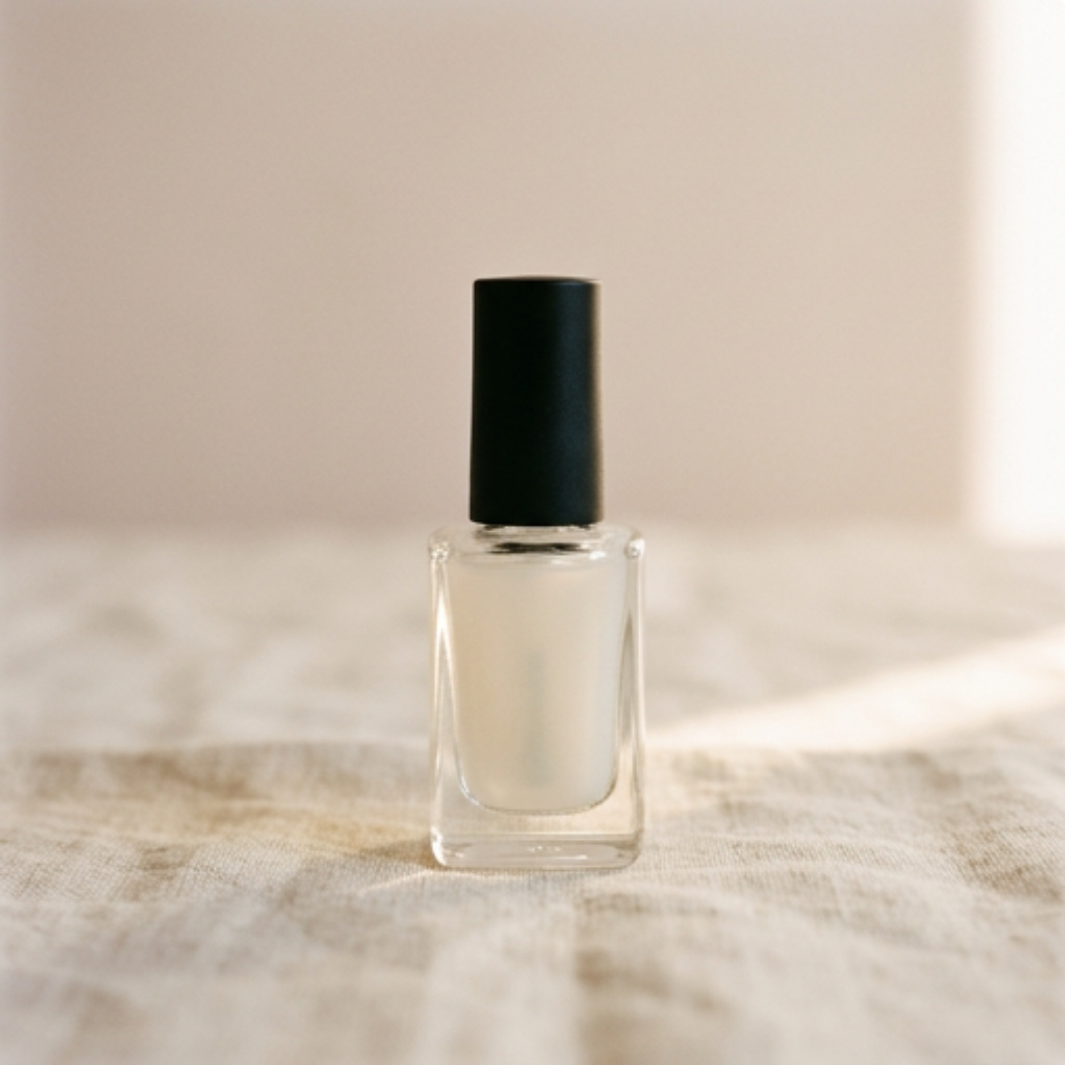 Bottle of nail strengthener on a stone pedestal with eucalyptus