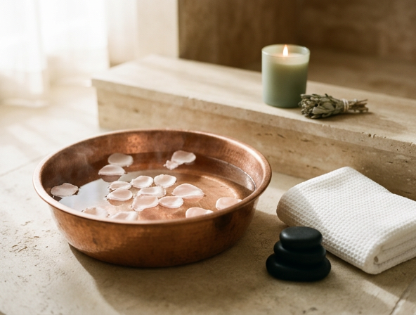Feet on a warm towel, sage candle, copper basin of petals