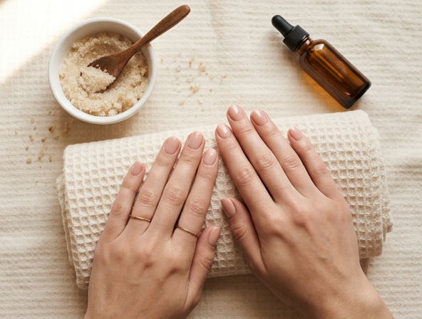 Hands with a soft nude gel manicure resting on a folded cream towel beside a bowl of sugar scrub