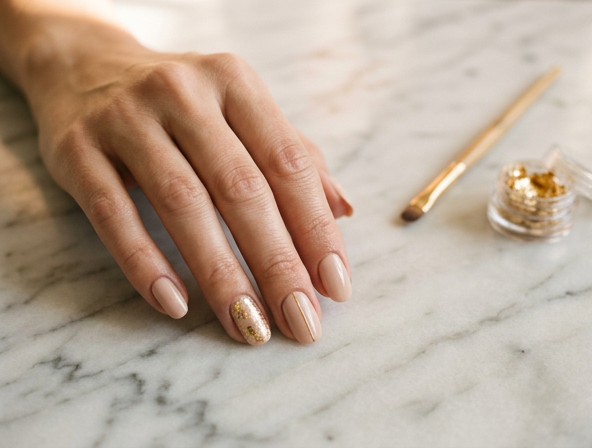 Macro of hand-painted gold linework on a blush base