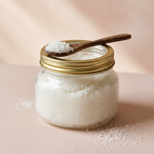 Tub of sugar scrub on a stone pedestal with eucalyptus